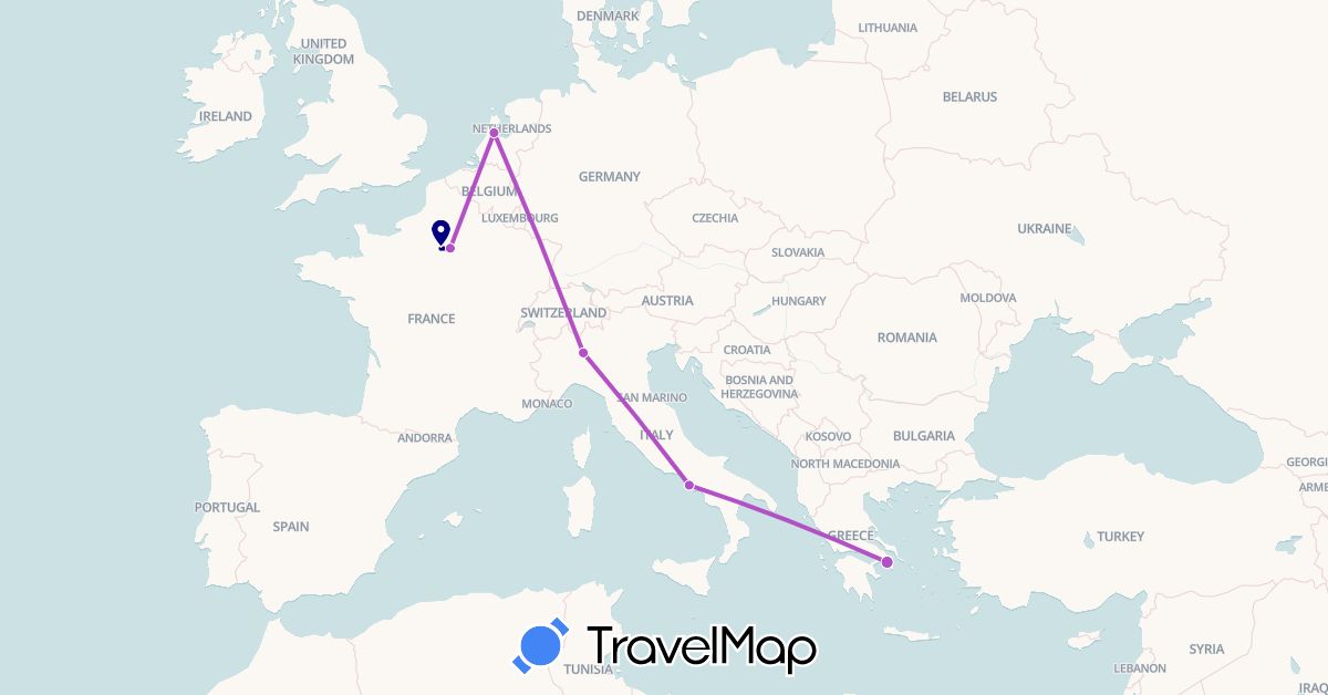 TravelMap itinerary: driving, train in France, Greece, Italy, Netherlands (Europe)